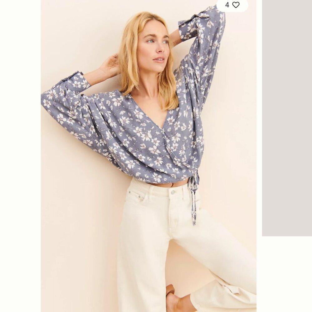 Anthropologie Blue Floral Wrap Blouse